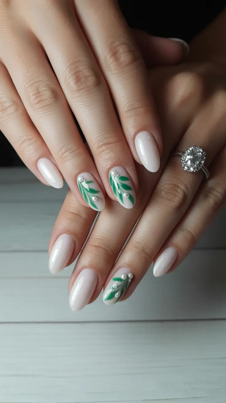 spring nails for pale skin Milky White Nails With Botanical Green Leaf Art
