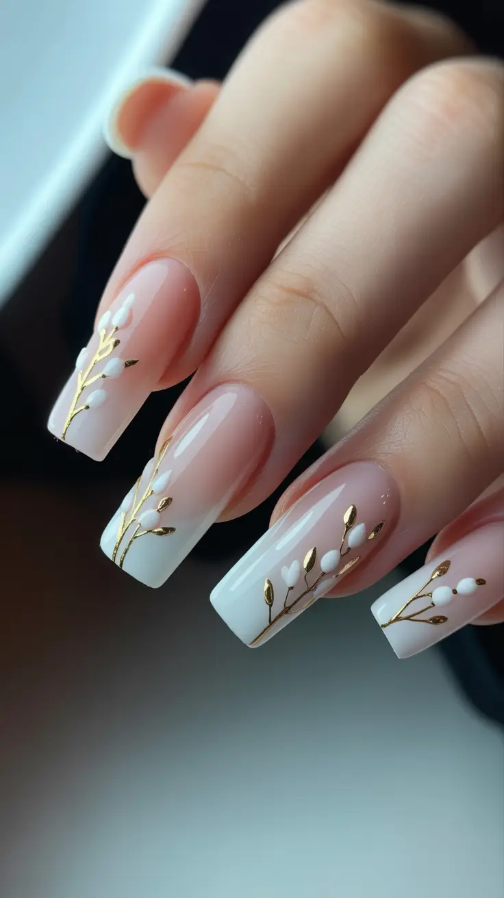 spring nails for pale skin Elegant White Ombre Nails With Gold Botanical Details