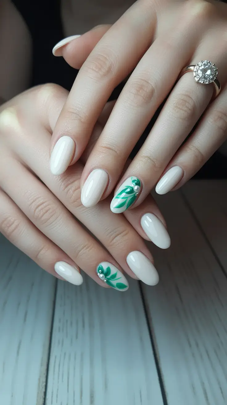spring nails for pale skin Clean White Almond Nails With Fresh Green Leaf Accents