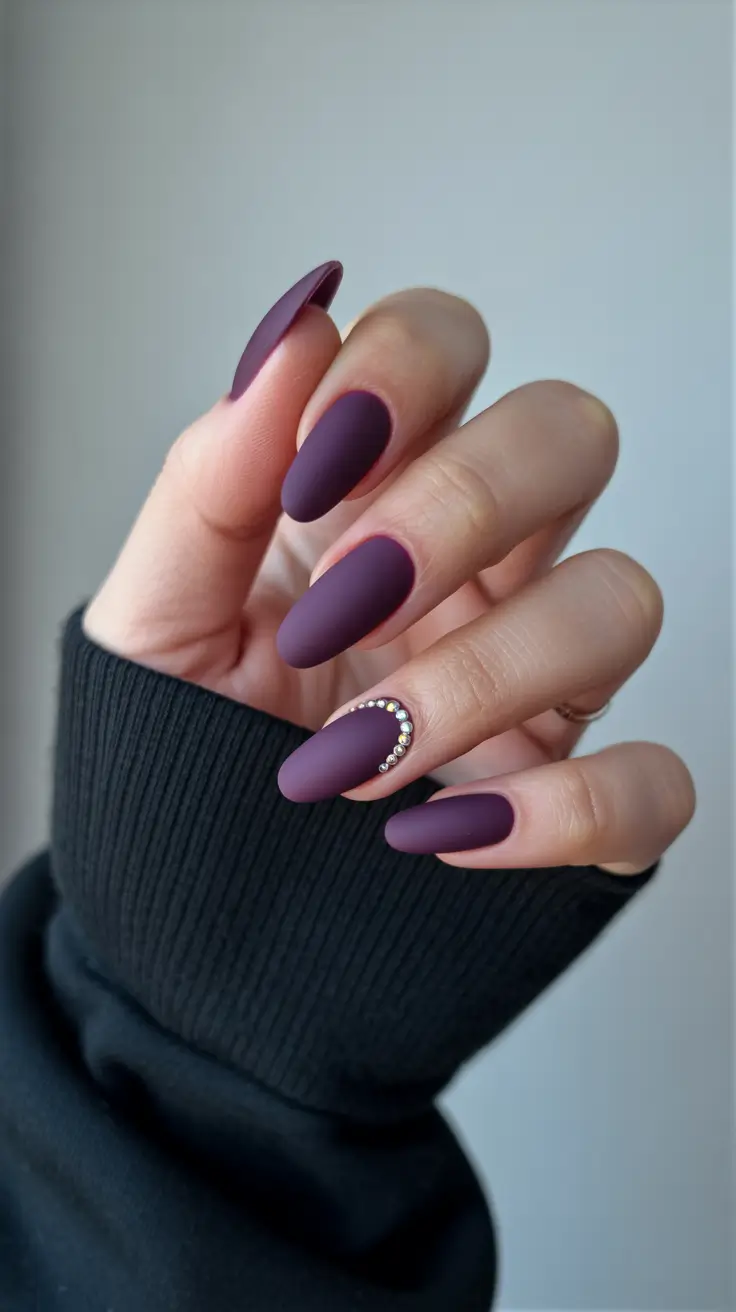 spring nails for pale skin Matte Plum Almond Nails With Elegant Crystal Accent