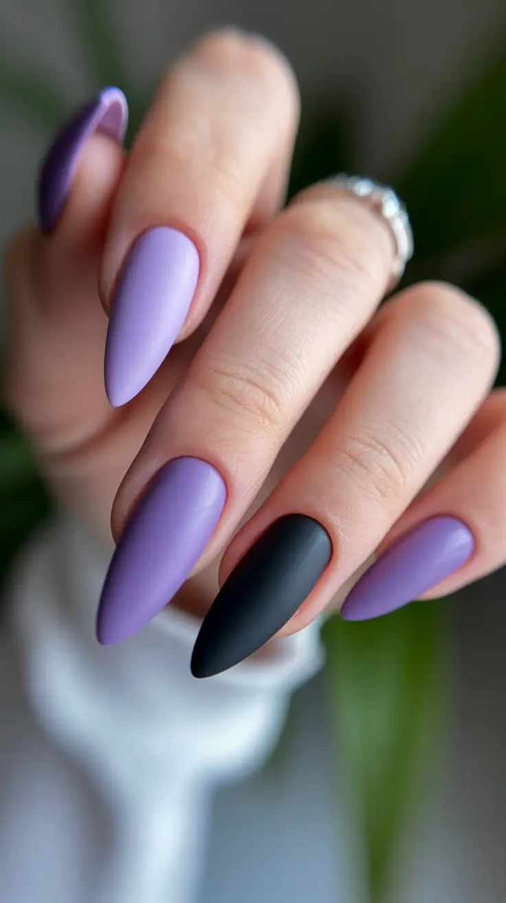 spring nails for pale skin Lavender And Black Matte Stiletto Nails For Bold Contrast