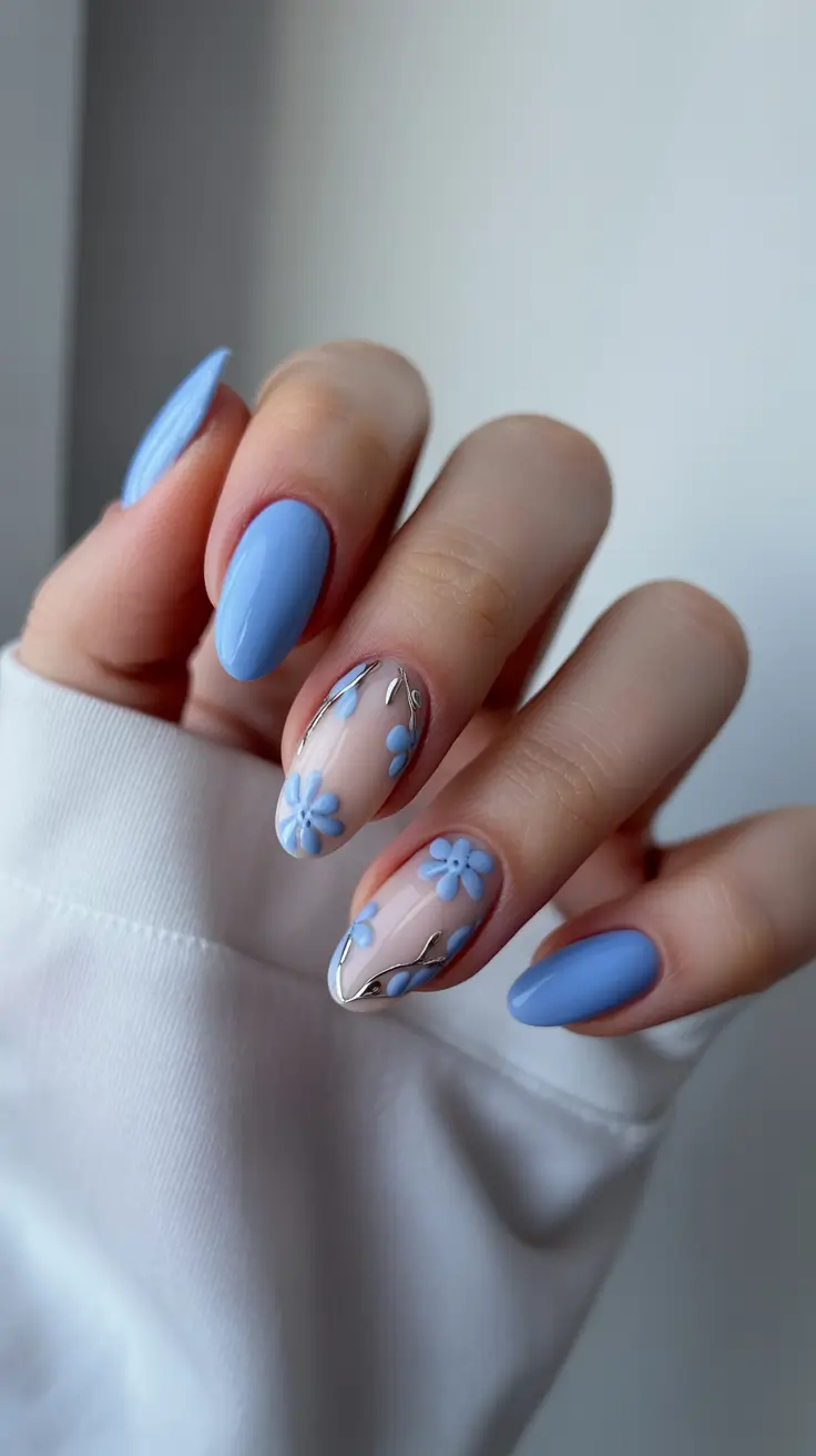 spring nails for pale skin Pastel Blue Floral Nails That Feel Like Early Spring