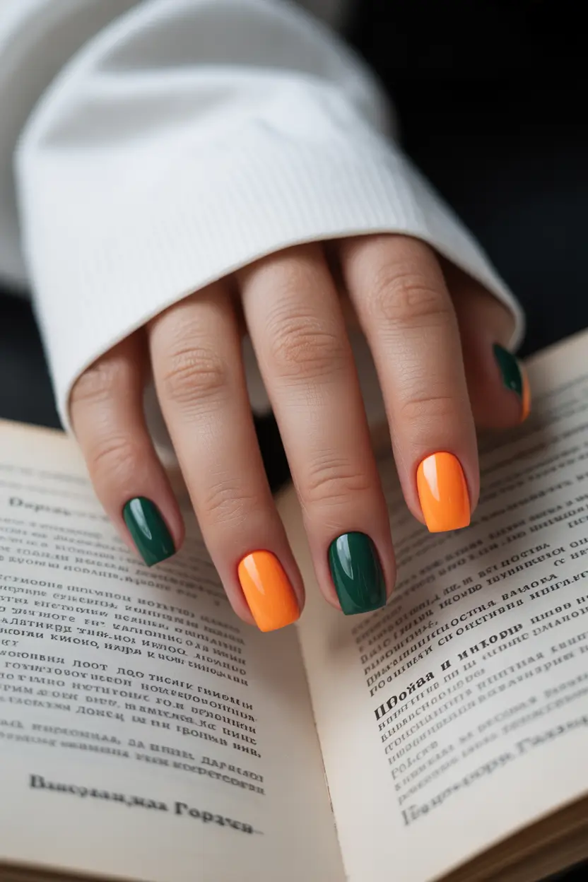 spring nails for pale skin Bold Orange And Deep Green Color Blocking For Playful Spring Energy