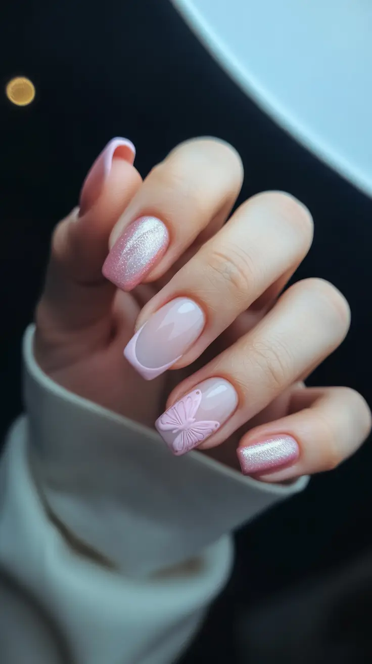 spring nails for work Soft Pink Butterfly Nails That Feel Polished Yet Playful