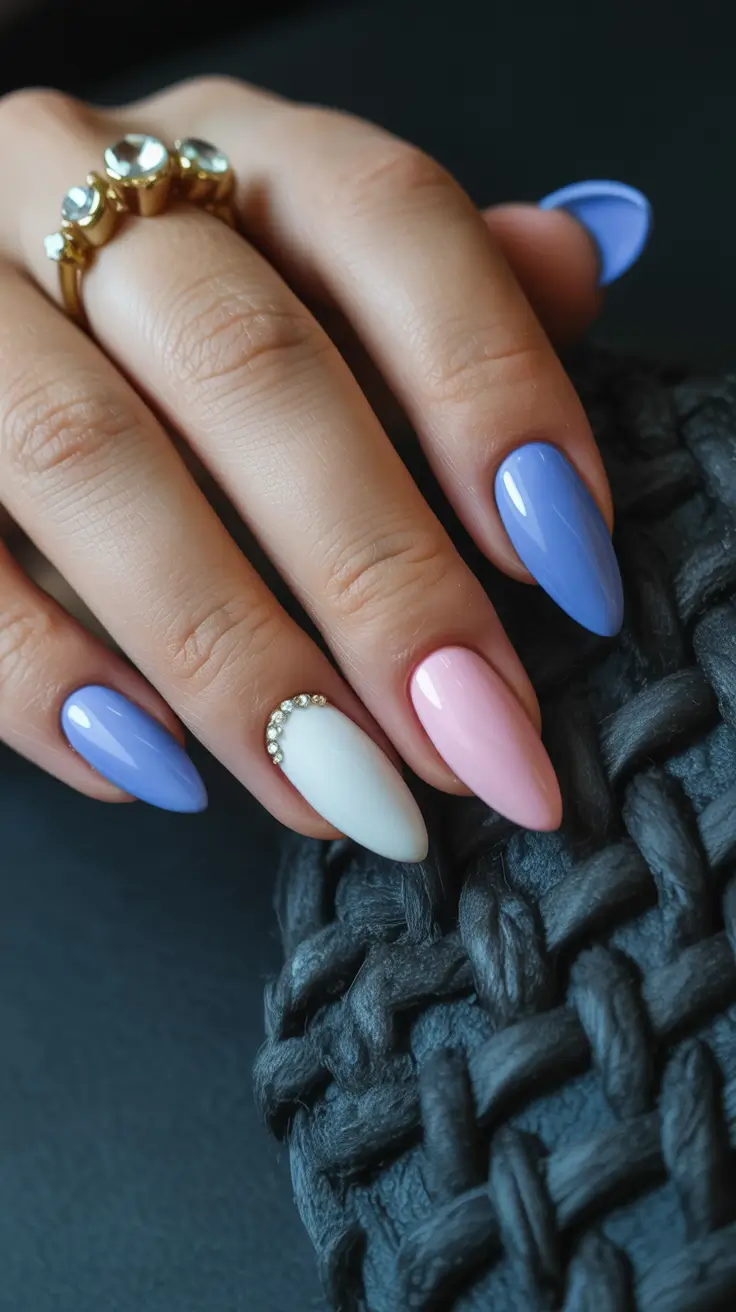 spring nails for work Pastel Almond Nails With Minimal Rhinestone Accent