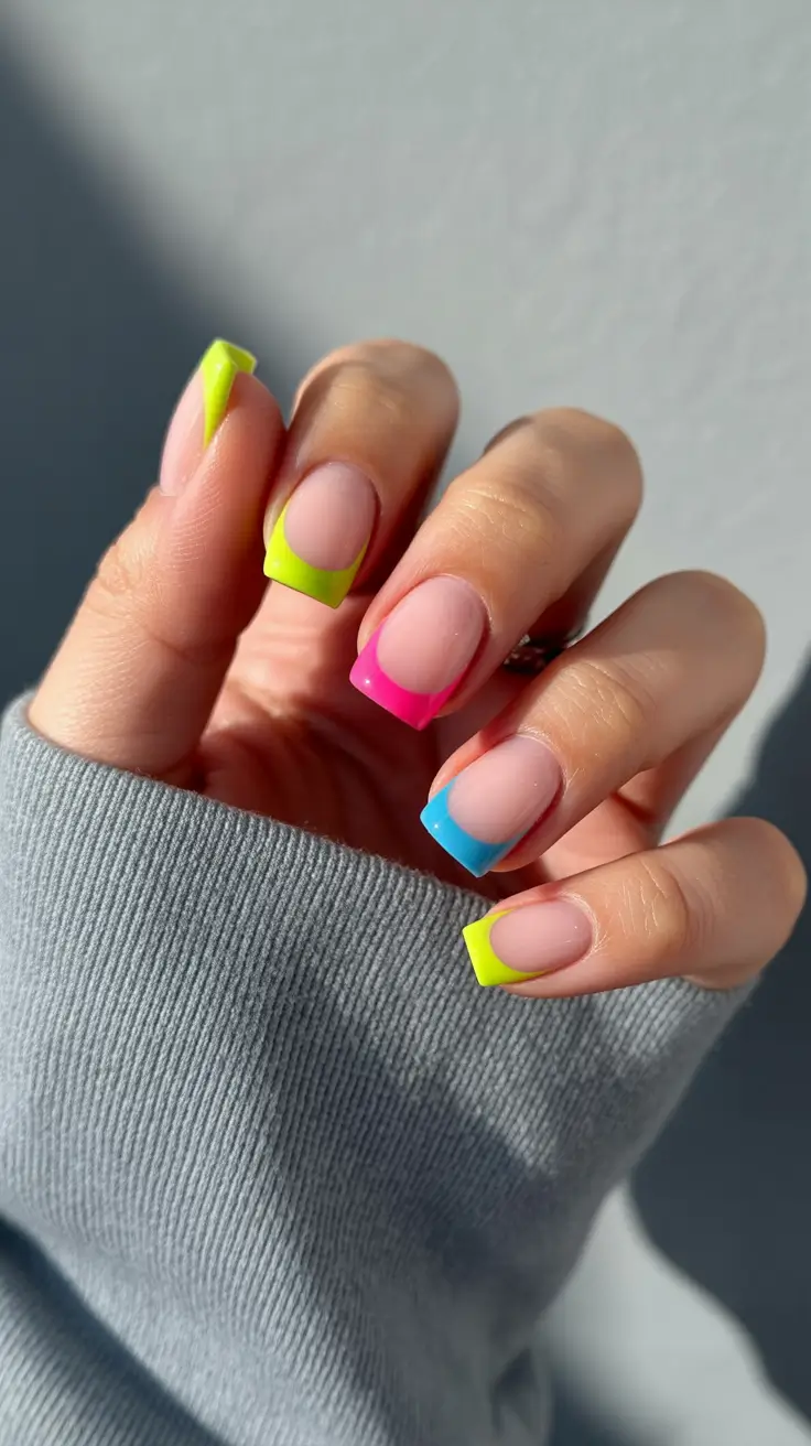 spring nails for work Playful Neon French Tips for Creative Office Environments