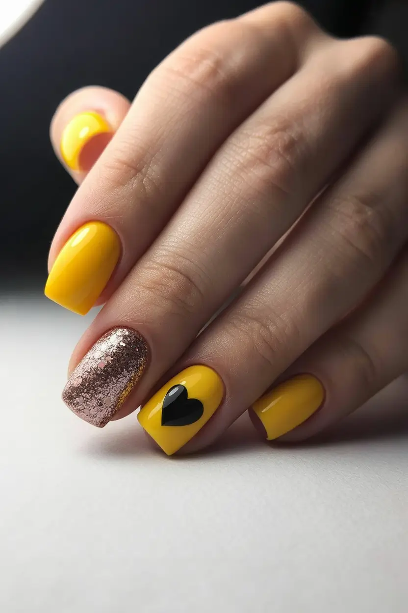 spring nails for work Sunny Yellow Nails With a Bold Heart Accent