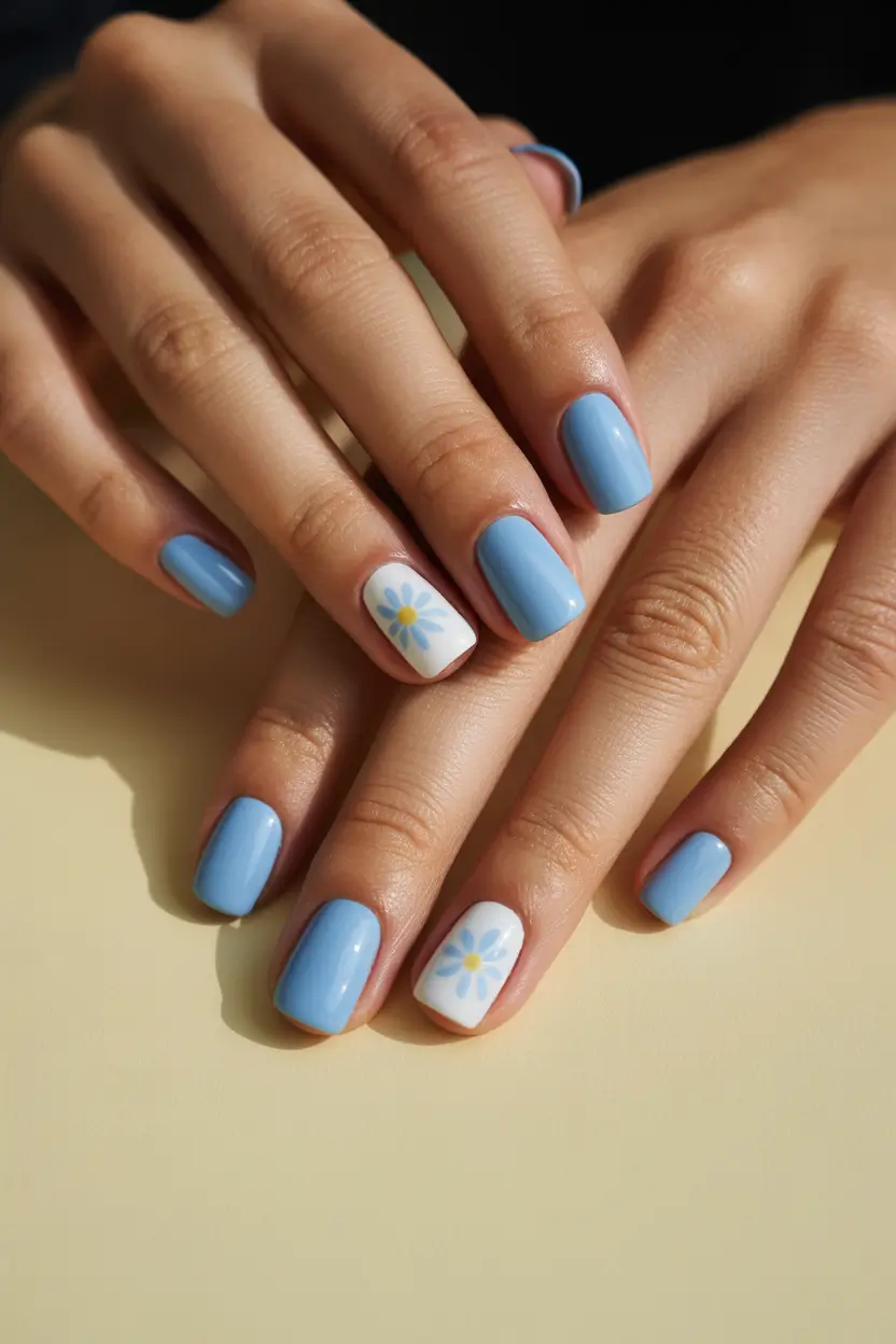 spring nails for work Fresh Sky Blue Daisy Nails That Brighten Everyday Work Looks