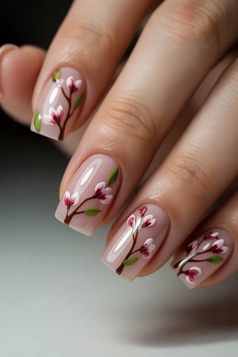 spring nails for work Cherry Blossom Inspired Nails With Delicate Branch Art
