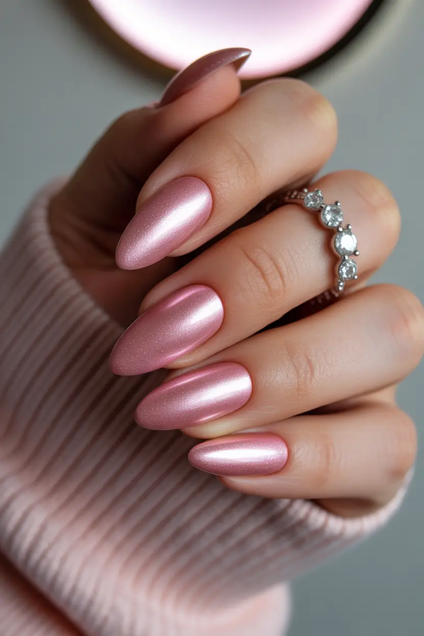 spring nails for work Soft Rose Chrome Almond Nails With Elegant Shine