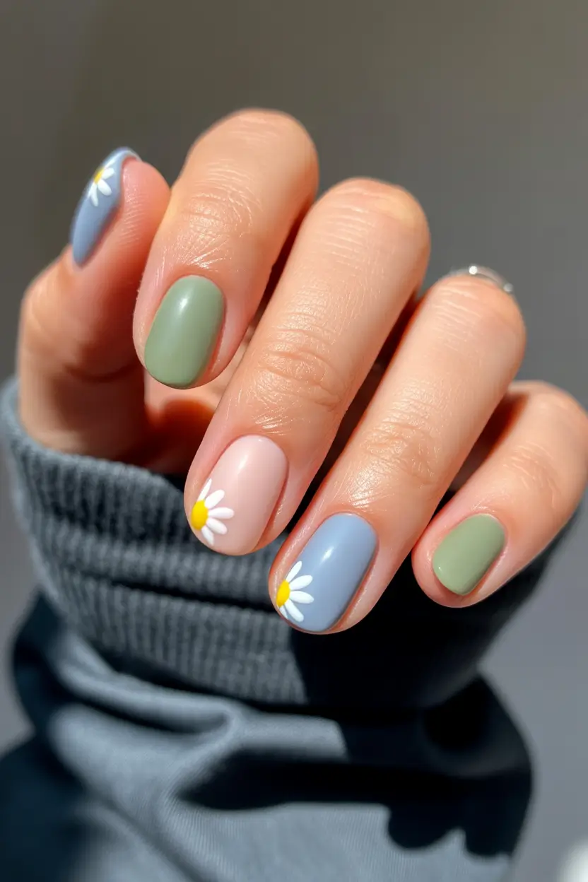 spring nails for work Muted Pastel Daisy Nails That Balance Playfulness and Professional Style
