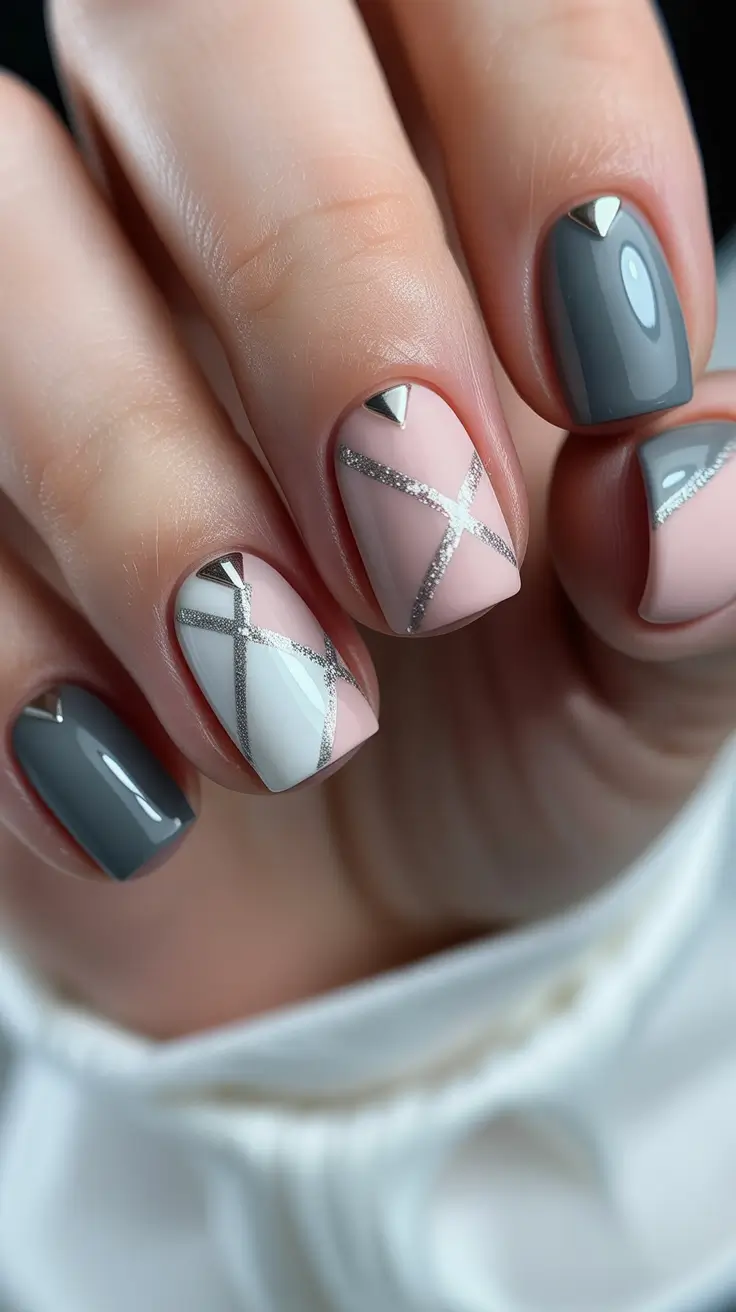 spring nails for work Modern Grey and Blush Geometric Nails for a Polished Office Look