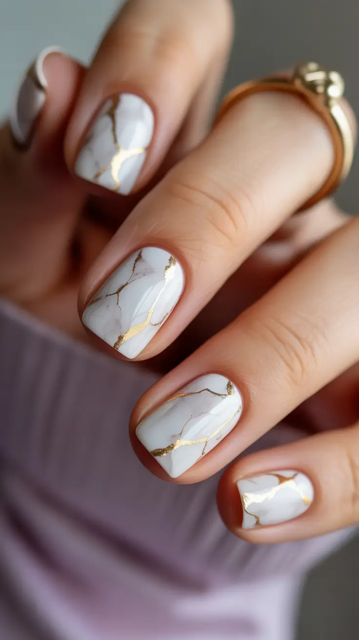 spring nails for work Elegant White Marble Nails With Gold Veining