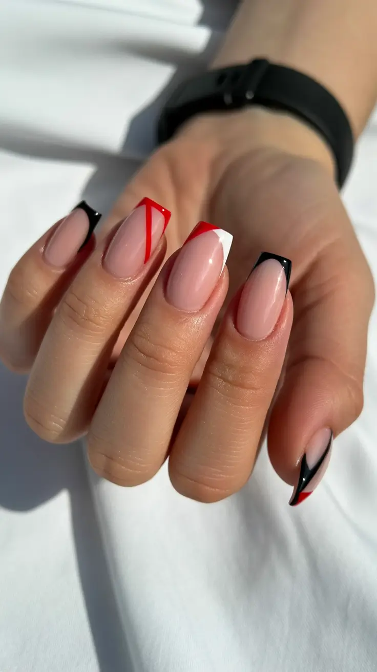 spring nails for work Graphic French Tips With Black and Red Lines