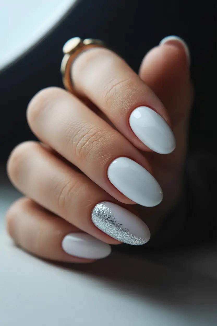 spring nails for work Milky White Almond Nails With Subtle Glitter Accent