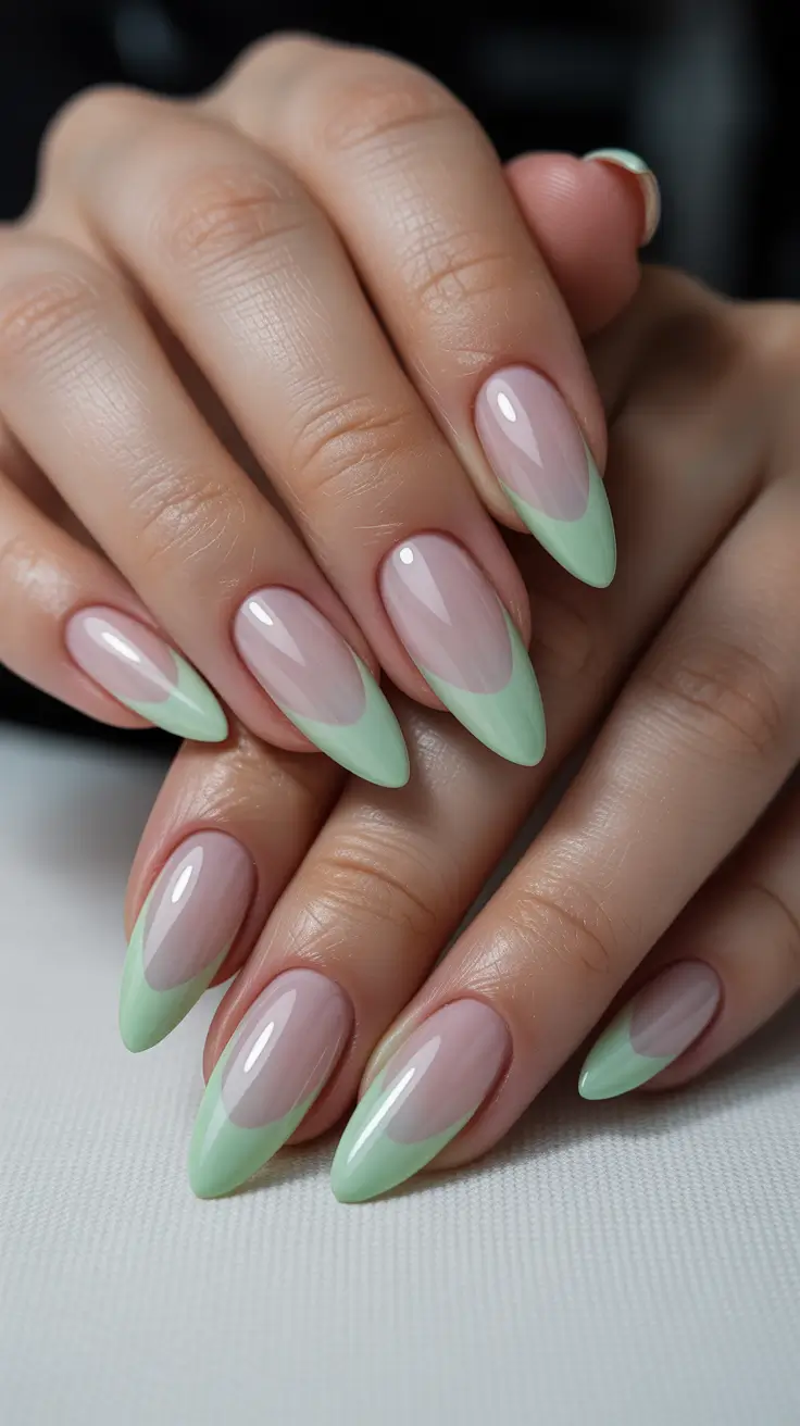 spring nails for work Soft Sage French Tips on Elegant Almond Nails