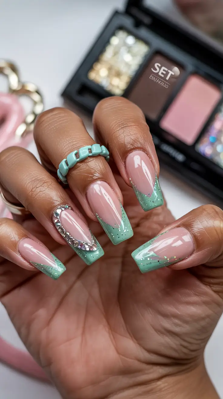 spring nails for dark skin Mint French Sparkle Revival