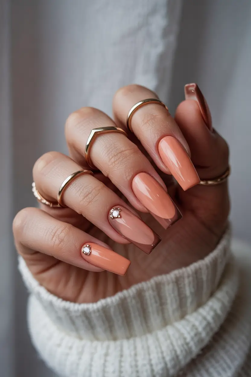 spring nails for dark skin Peach Gloss With Modern Brown Outline