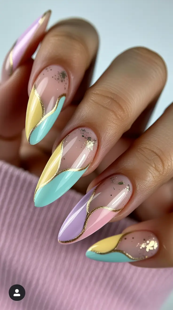 spring nails for dark skin Pastel Wave Almond With Gold Detailing