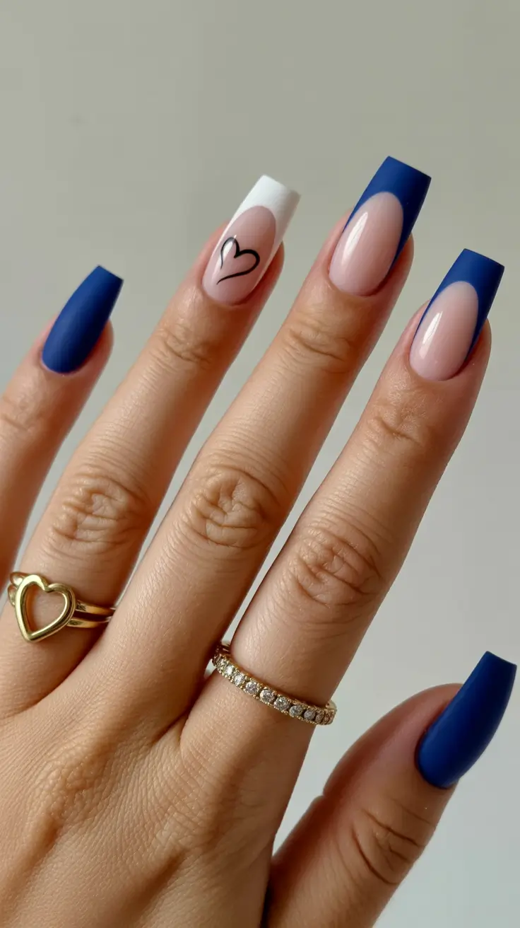 spring nails for dark skin Deep Blue French With Minimal Heart Accent