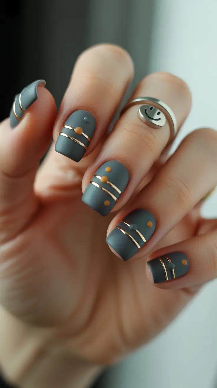 spring nails for dark skin Matte Slate Minimal With Gold Lines