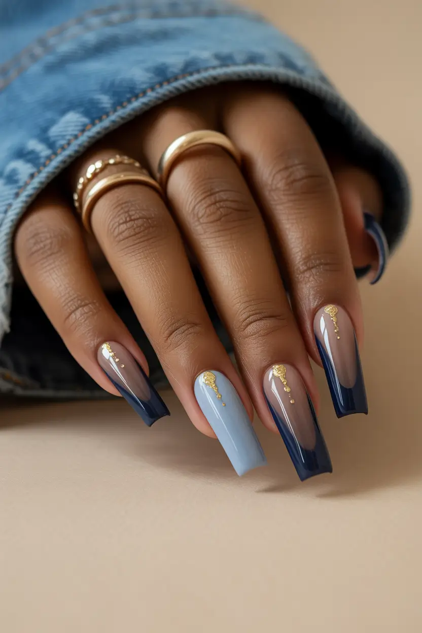 spring nails for dark skin Soft Blue Ombre With Gold Accents