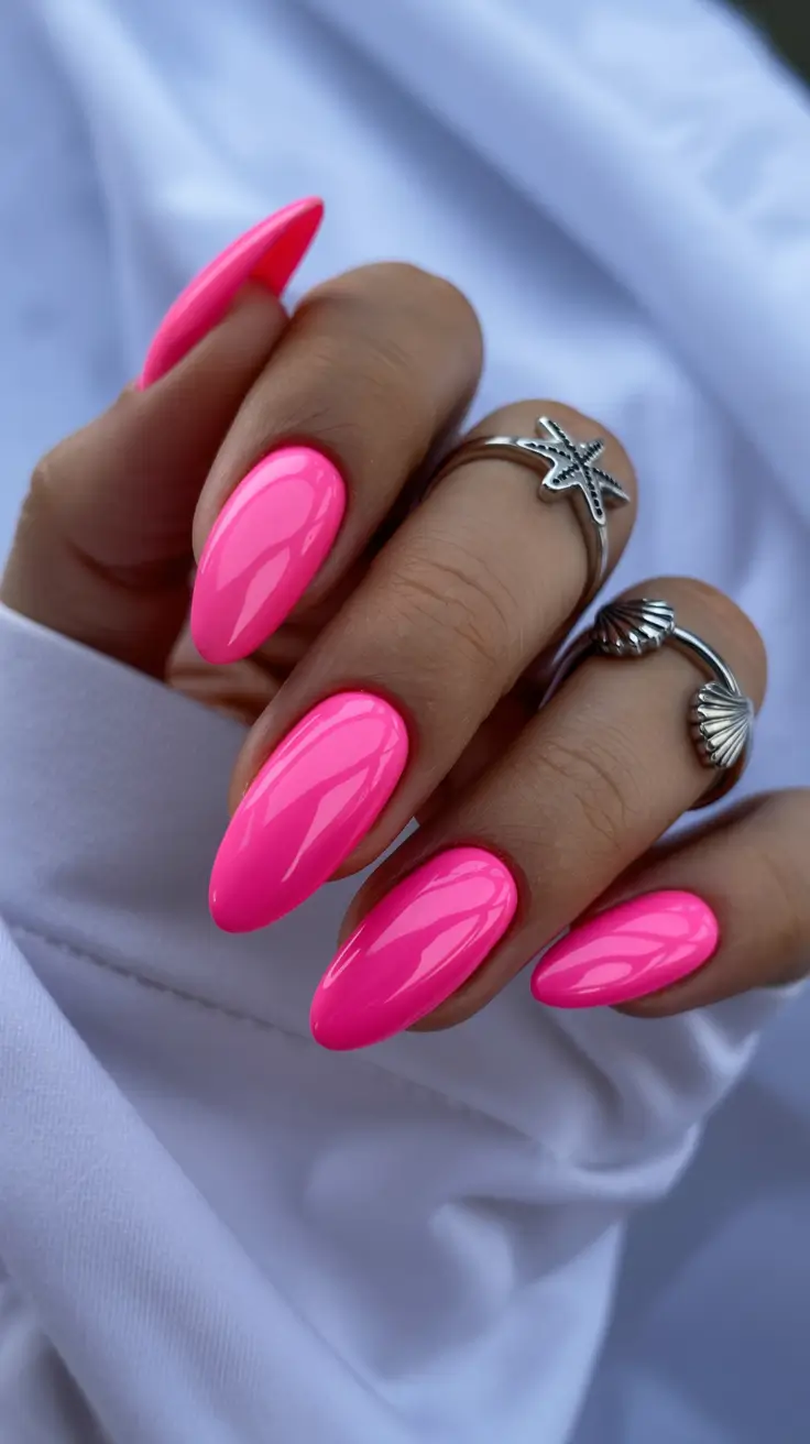 spring nails for dark skin Hot Pink Gloss Almond Energy