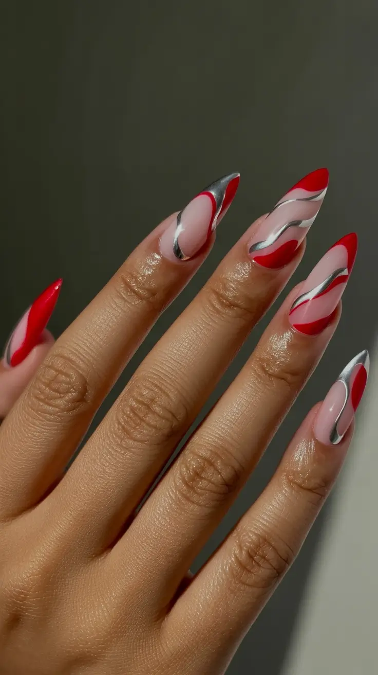 spring nails for dark skin Red Wave Chrome Statement Almond