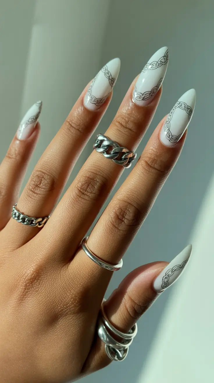 spring nails for dark skin Soft White Chain Detail Elegance