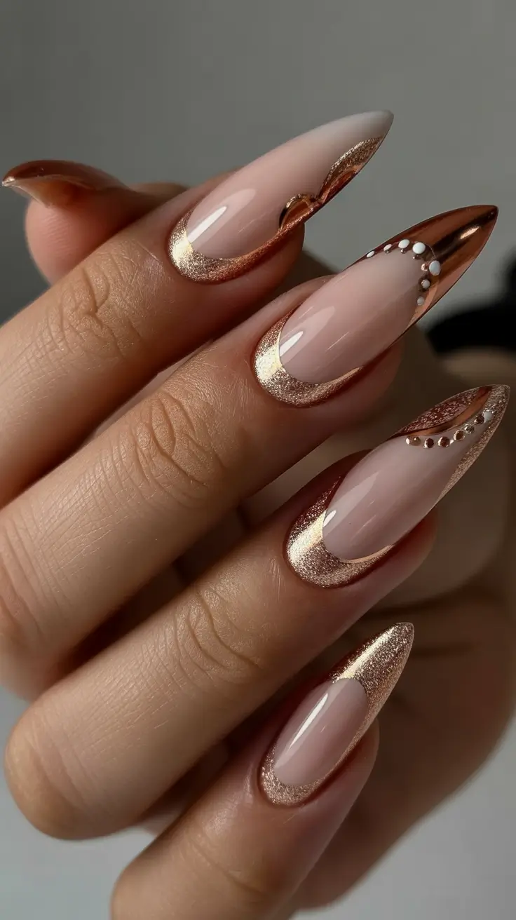 spring nails for dark skin Champagne Sculpted Almond With Crystal Detail