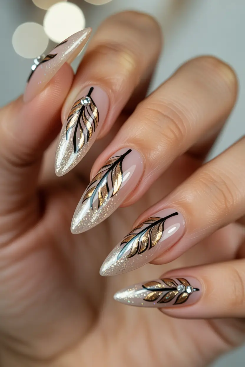 24 spring to summer season nail art ideas 2026 Golden Leaf Stiletto Nails With Soft Glitter Elegance