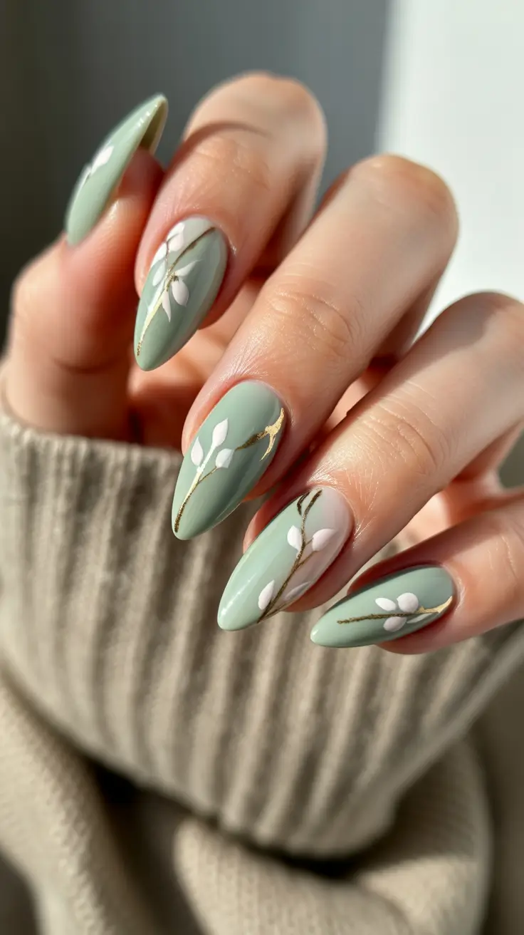 24 spring to summer season nail art ideas 2026 Sage Green Floral Accent Nails With Delicate Gold Lines