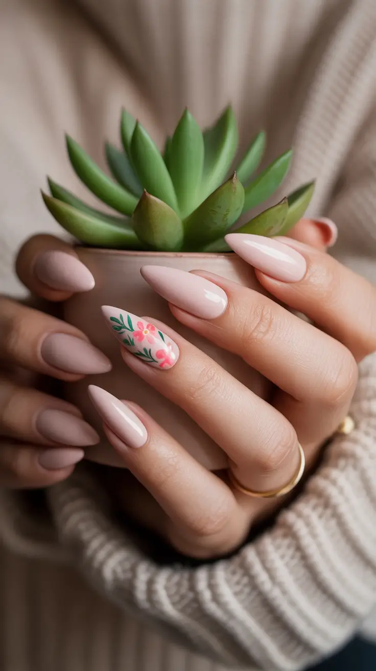 24 spring to summer season nail art ideas 2026 Soft Nude Floral Accent Nails With Delicate Botanical Detail