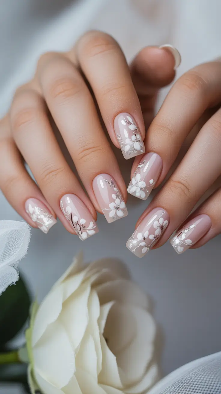 24 spring to summer season nail art ideas 2026 Sheer Floral Blossom Nails With Elegant Wedding Aesthetic