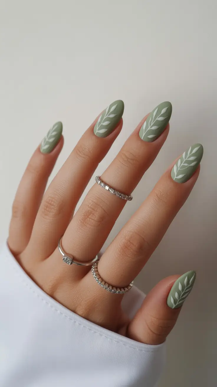 24 spring to summer season nail art ideas 2026 Muted Sage Botanical Nails With Minimal Nature Inspired Design