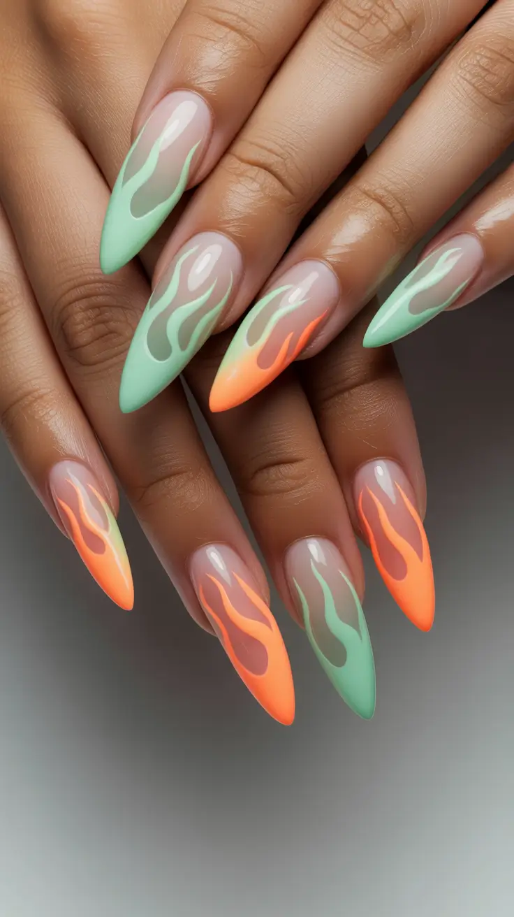 24 spring to summer season nail art ideas 2026 Mint And Sunset Flame Nails That Capture Summer Movement