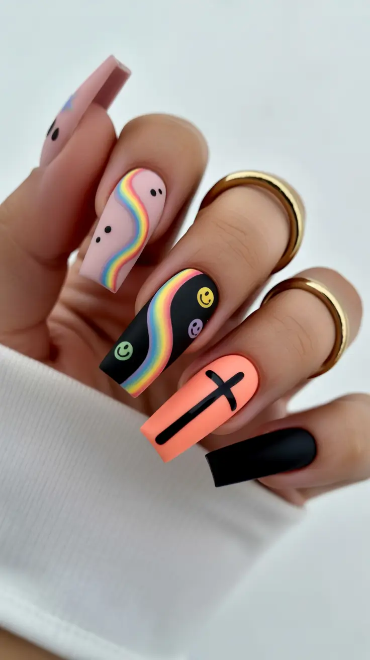 24 spring to summer season nail art ideas 2026 Bold Rainbow Graphic Nails With Playful Summer Personality