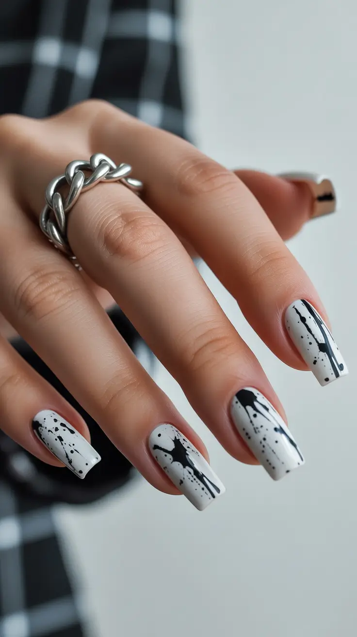 24 spring to summer season nail art ideas 2026 Monochrome Paint Splash Nails With Modern Graphic Style