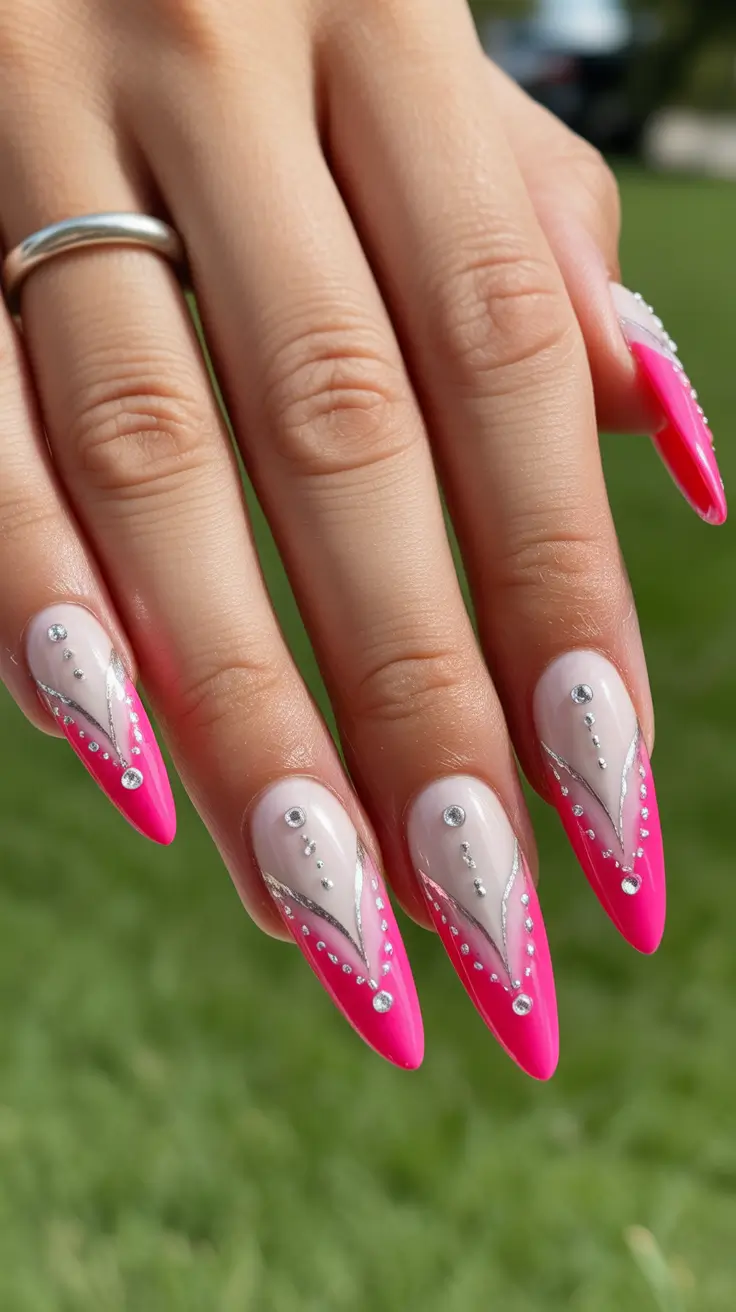 24 spring to summer season nail art ideas 2026 Pink Crystal Accent Nails With Elegant Ring Finger Detail