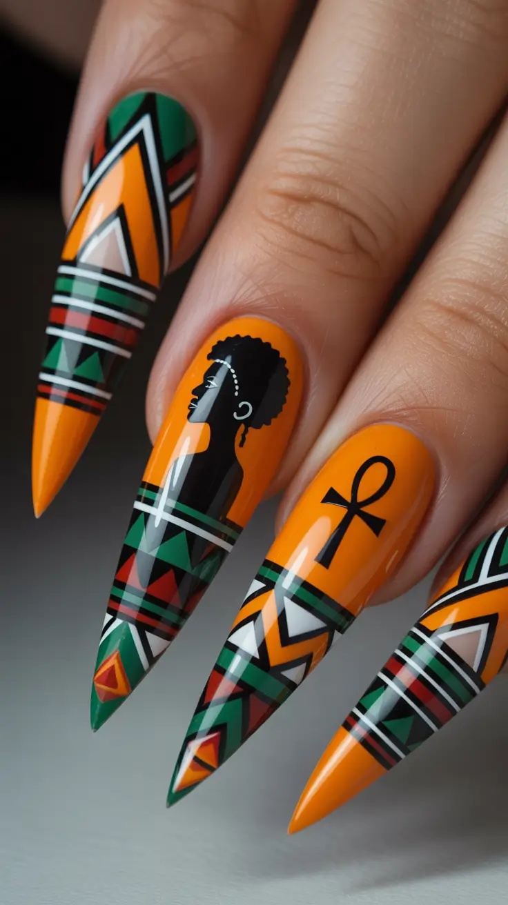 24 spring to summer season nail art ideas 2026 Bold Afrocentric Graphic Nails With Cultural Art Influence