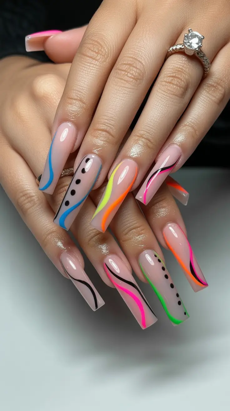 24 spring to summer season nail art ideas 2026 Neon Wave Abstract Nails That Feel Like Modern Summer Fashion