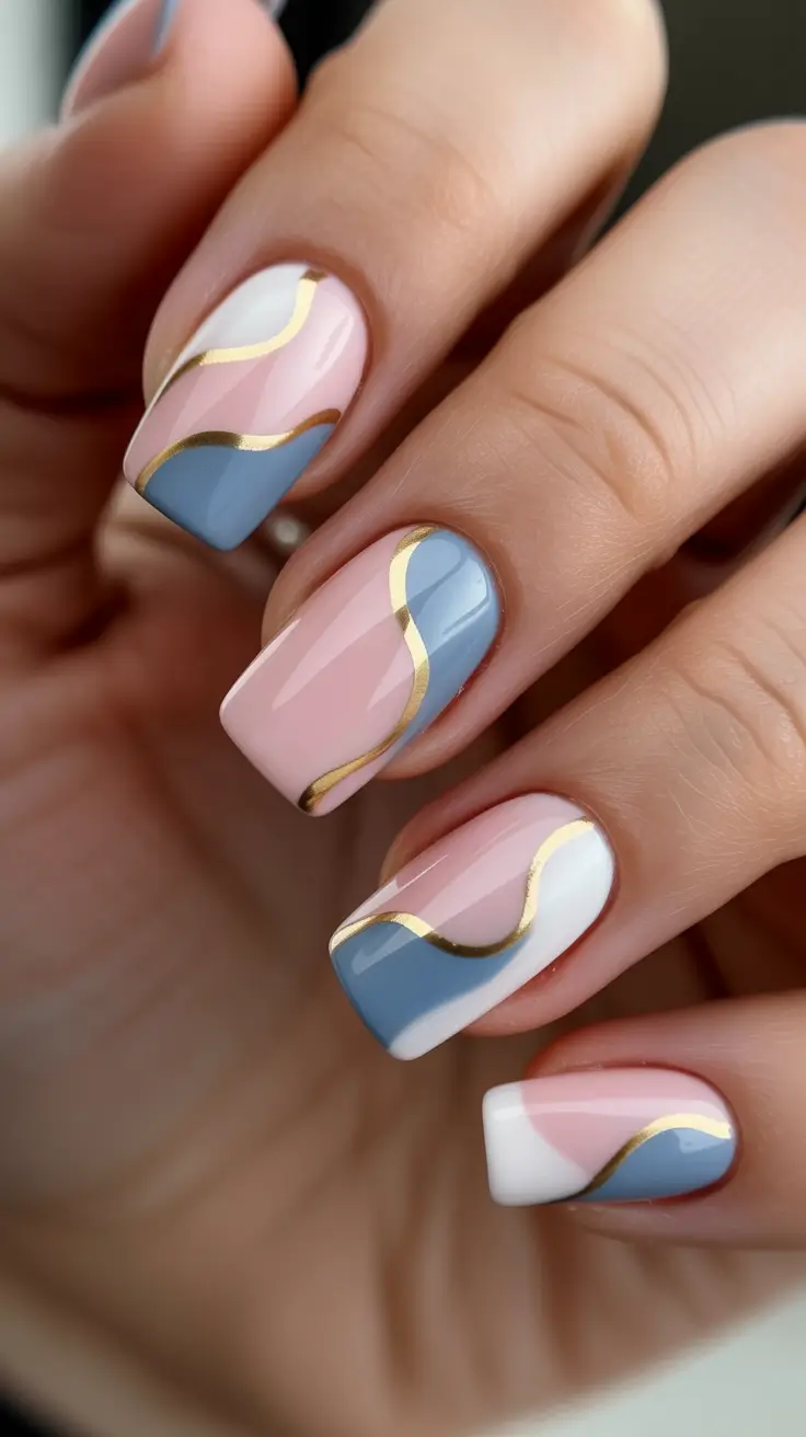 spring to summer season nails color ideas 2026 Abstract Pastel Waves with Gold Lines for Artistic Nails