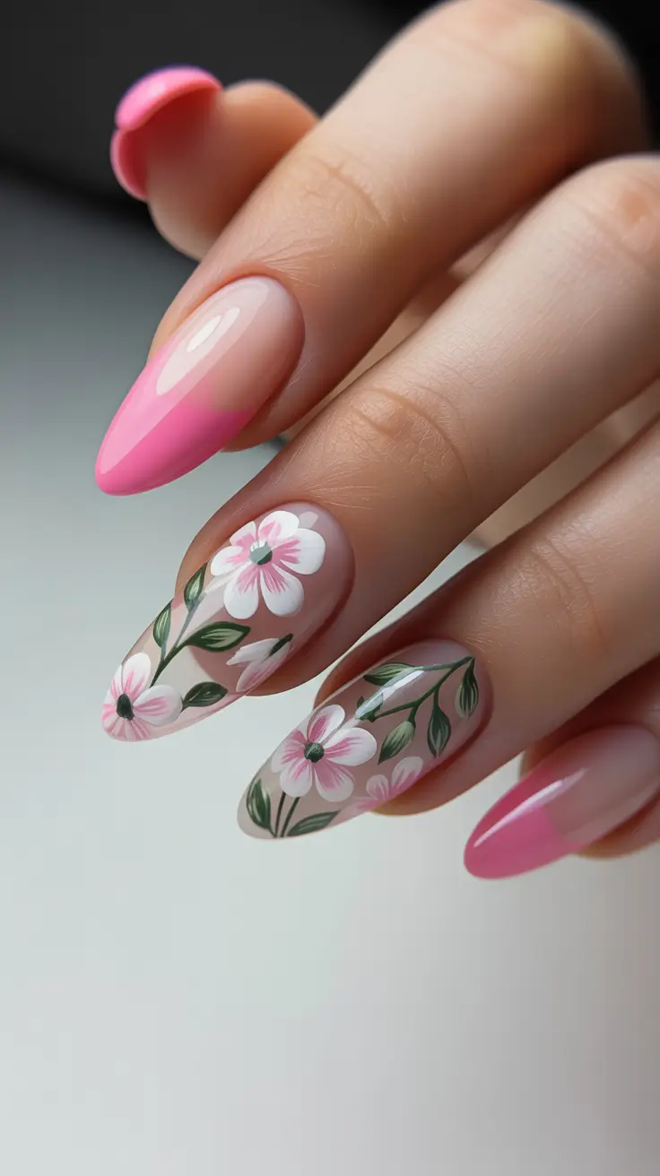 spring to summer season nails color ideas 2026 Floral Almond Nails That Capture the Spirit of Spring