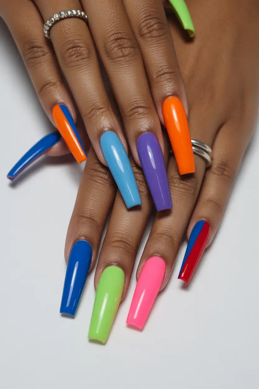 spring to summer season nails color ideas 2026 Bold Multicolor Coffin Nails That Celebrate Maximalist Style