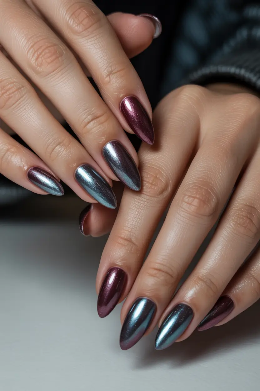 spring to summer season nails color ideas 2026 Metallic Burgundy and Graphite Chrome Nails for a Futuristic Finish