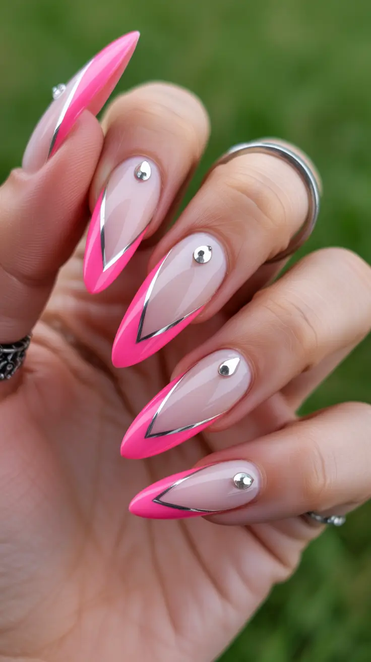 spring to summer season nails color ideas 2026 Sharp Pink Graphic Nails That Feel Like Modern Nail Art