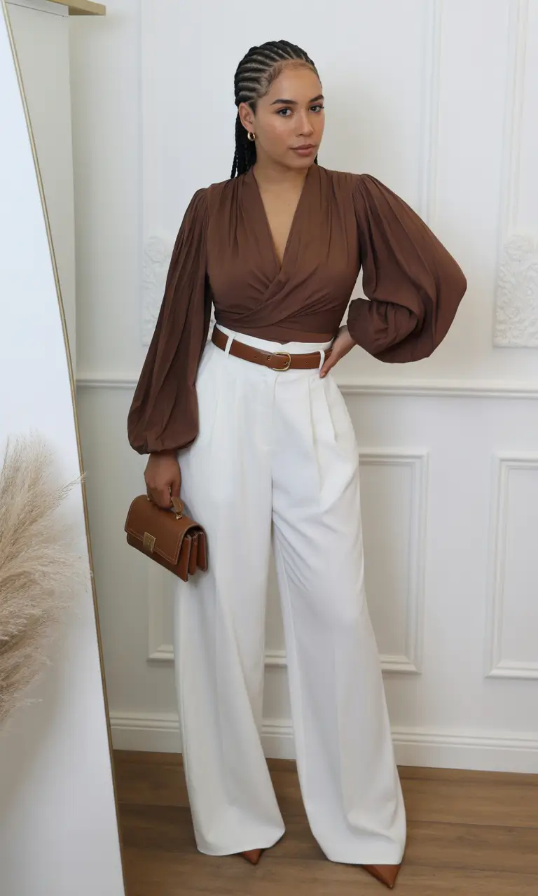 spring to summer season outfits ideas 2026 Soft Chocolate Blouse and Wide-Leg Trousers for an Elegant Transitional Look