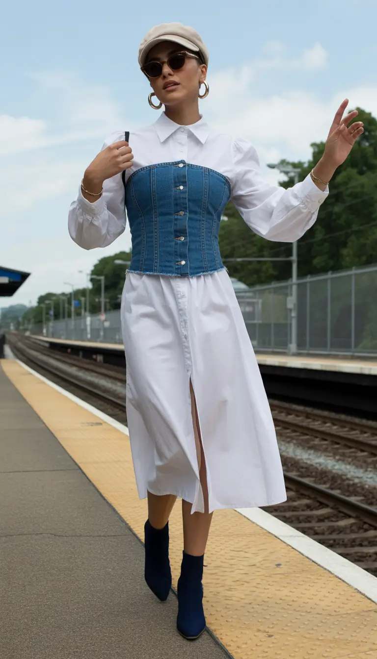 spring to summer season outfits ideas 2026 Denim Corset Over Shirt Dress for a Modern Preppy Street Style Look