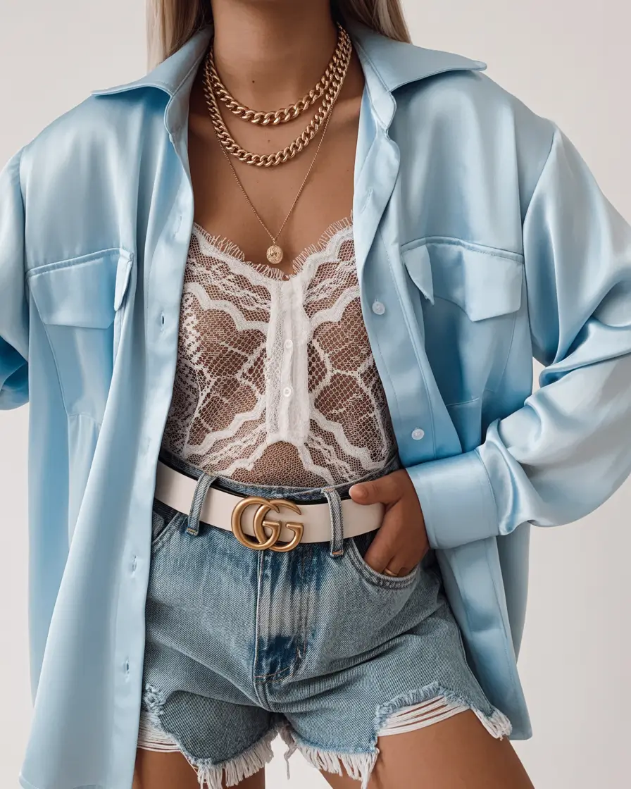 spring to summer season outfits ideas 2026 Blue Satin Shirt with Lace Bodysuit and Denim Shorts for a Modern Y2k Summer Look