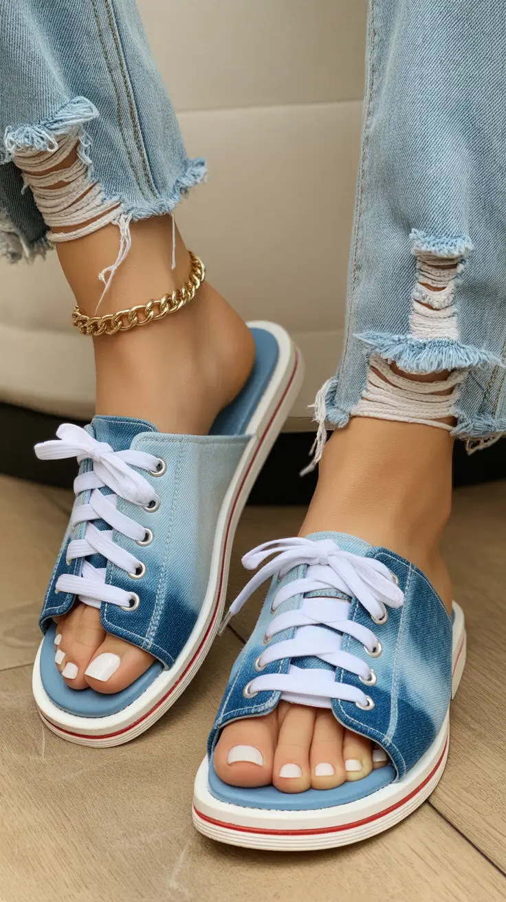 summer flip flops for women 2026 Denim Inspired Slides That Blur the Line Between Shoes and Sneakers